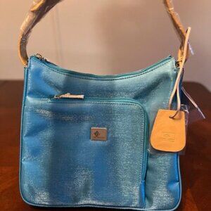 Shimmering Blue De Dekin Womens Shoulder Bag With Front Pocket & Adjustable Stra